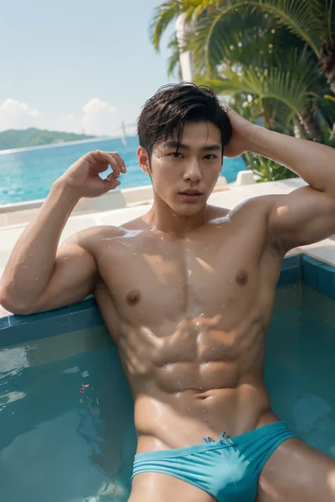 Korean male model, k pop idol, topless, muscles, head to toe, full body portrait, laying down ,luxury cruise background, realistic, romantic, photograph, portrait, elegance handsome, athlete body, fashion set, mens wear, tight shorts hi cut underwear, full...