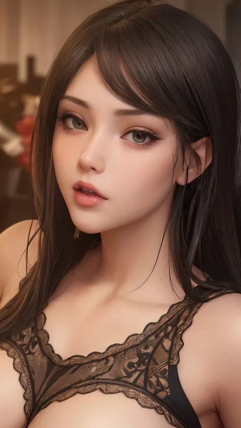 (ultra-detailed,photorealistic:1.2), HDR, professional, vivid colors, bokeh, 3D rendering, sexy curvy girl, solo, black hair, ahegao face, big boobs, sensual, seductive pose, soft lighting, lace lingerie, high heels, boudoir photography, glamorous, confide...