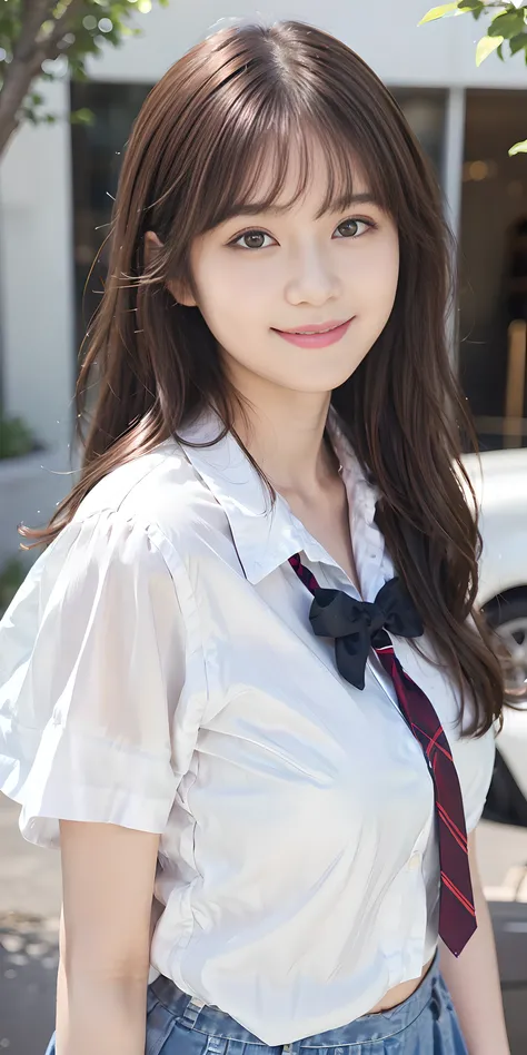 top-quality、Top image quality、tmasterpiece、Full body photo、18-year-old female, tall female high school student、White short sleeve stand collar shirt、、Low cost、dark brown  hair、curlies、mid - length hair、through bangs、、Medium milk, cute smiling face、、Full bo...