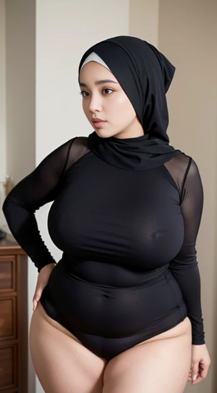 ((best quality)), (masterpiece), (perfect face), (perfect body shape), (detailed image), Chubby woman in hijab, Wearing , ultra-sensuelle underwear, curvy plump body, perfect body, room as background , sexy style