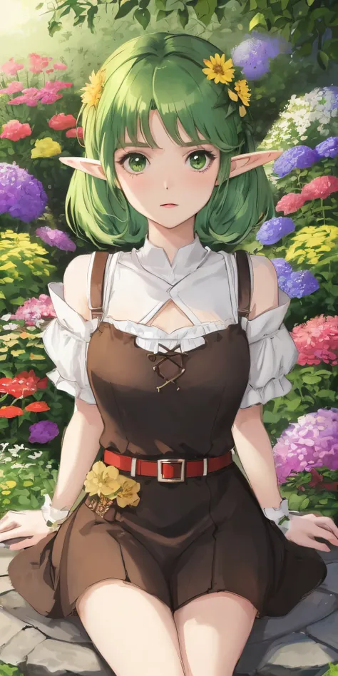 (short-hair)(green haired elf)(Yellow mesh)(Anime style)(Flower garden)