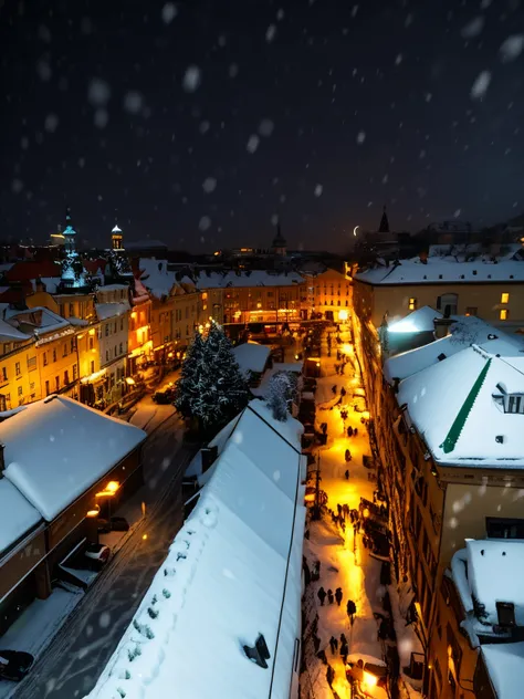 araffe view of a city street at night with people walking on the sidewalk, lviv, lviv historic centre, photo taken at night, by Emma Andijewska, crowded square, city snowing with a lot of snow, by Adam Szentpétery, by Károly Lotz, by Aleksander Kobzdej