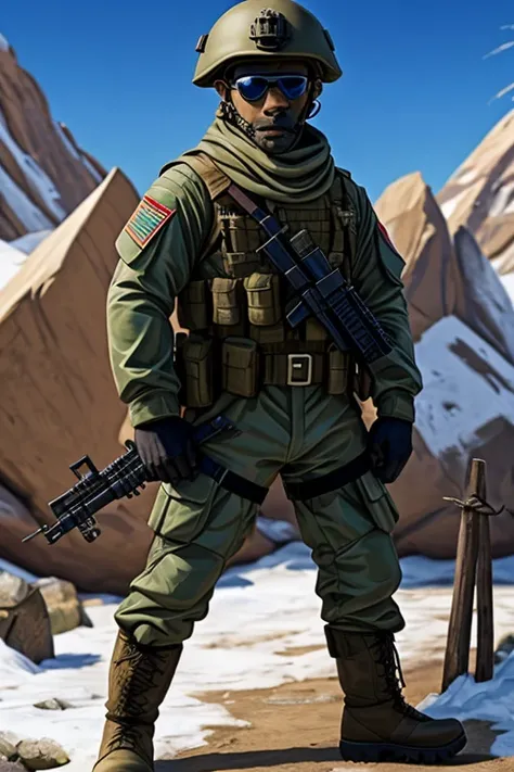 Soldado do Apocalise (homem adulto com trajes militares, armed with various weapons for military use, head protection and military boots), corpo bem definido (desenvolvido por causa de exervicios), wearing sunglasses, no meio de uma cidade infestada por zu...