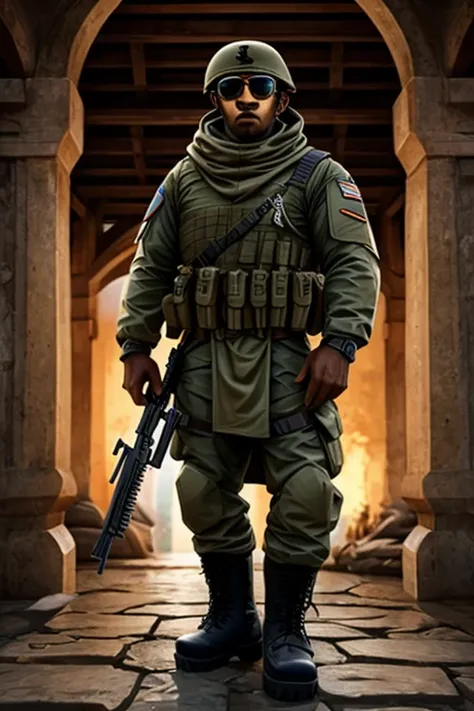 Soldado do Apocalise (homem adulto com trajes militares, armed with various weapons for military use, head protection and military boots), corpo bem definido (desenvolvido por causa de exervicios), wearing sunglasses, no meio de uma cidade infestada por zu...