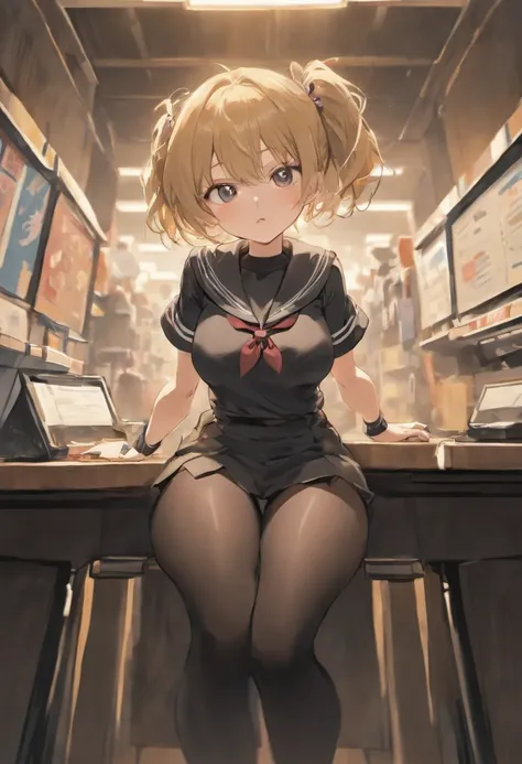 hi-school girl,bobhair,tits out,Sitting on a desk,She is wearing black stockings and opening her thighs.,A little shy face,a sailor suit,an animated character,Anime style,1.0,high-level image quality