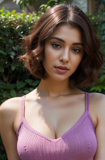 beautiful gorgeous glorious skinny bollywood actress, standing in garden, wearing pink knitted bodycon dress, pretty face, beautiful glorious face, very fine face details, bright eyes, purple lipstick, thin nose, burgundy hair, bob cut, curls, medium allur...