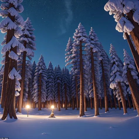 è notte nel bosco deserto. neve a terra. una sentiero innevato si apre tra alti abeti pieni di neve. una luce di tramonto dietro agli alberi