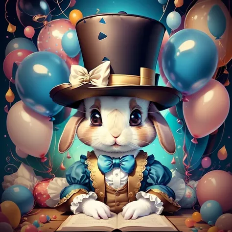 (cute brown baby rabbit with a blue top hat and lots of ballons), Munchkin ,Geometric multidimensional wall portrait, livro de arte, Tchibi,
Yang08k, Beautiful, Colouring,
Obras, of the highest quality, best quality, Arte Oficial, Beautiful and Aesthetic,