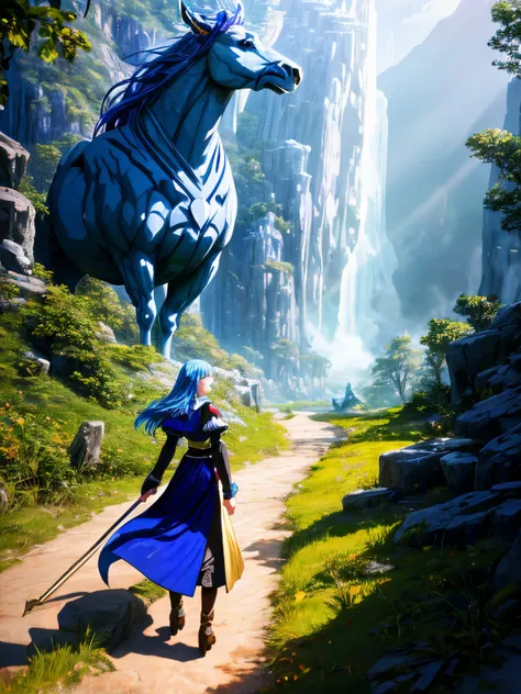 (best quality,4k,highres),anime style woman,blue hair,short medieval fantasy style clothes,red ribbon in her hair,small breasts,blue bodice,looking at the viewer,huge creature in the background,vibrant colors,lush greenery,dynamic lighting,smooth lines,exp...