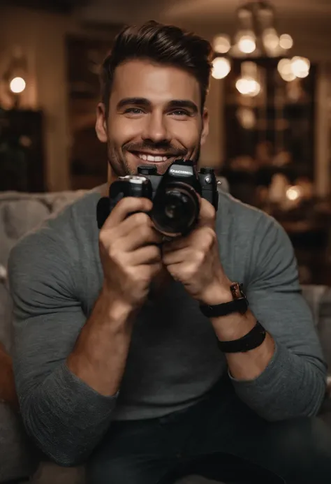 A selfie of the character holding a camera and smiling, with a cozy living room in the background.,original,He looks like your average everyday guy. He never wants to stand out in a crowd. He wants to look like everyone else. He is an average man. , male