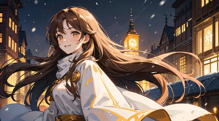 Woman , long brown wavy hair, long brown wavy hair, floating wavy hair, wavy hair, golden eyes, golden eyes, FOV, f1.8, masterpiece, complex scene, front portrait shot, simple winter clothing, snowing, night, city in background, half body, smiling