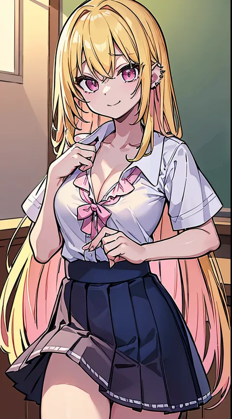 (8K、Top image quality、top-quality、​masterpiece)、1 girl in、Blonde longhair、(Pink gradient)、Pink eyes、piercings、evilsmile、Moderately breasts、white  shirt、shortsleeves、(Removed button)、cleavage、(Dark blue pleated skirt)、thighs、cowboy  shot、Classroom Backgroun...