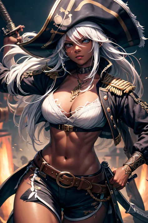 young girl, caribean pirate captain, black skin, white hair, evil look, ripped clothes,combat stance, wielding a sword,  long pirate coat, pirate hat, highly detailed, vibrant appearance, creative behavior, extremly detailed, imaginative, sensual, spontane...