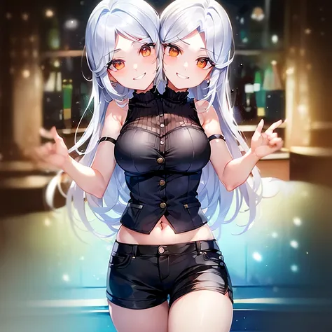 (highest quality, amazing details: 1.25), (2heads:1.5), 1girl, smiling, silver hair, orange eyes, casual wear, white shirt, vest, black shorts, medium breasts, piercing gaze, strong and confident expressions,