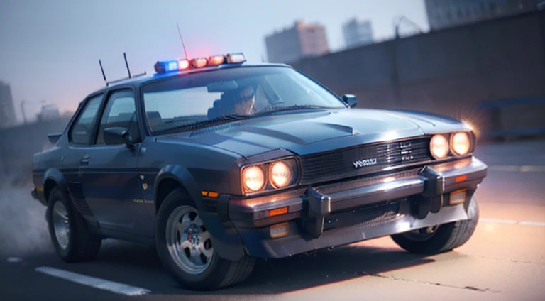 dark grayish-blue police car in motion, urban, 1980s, front right view, ultra realistic, cinematic style, worm colors, 8K, HD