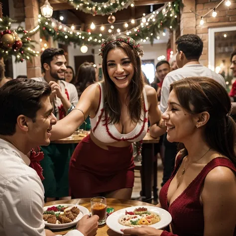 Men and women mingle in a lively Christmas gathering, enchendo o ambiente com risos e conversas. Amidst the festive decoration, todos compartilham momentos de camaradagem, creating a vibrant atmosphere of celebration across generations and genders.