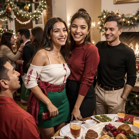 Men and women mingle in a lively Christmas gathering, enchendo o ambiente com risos e conversas. Amidst the festive decoration, todos compartilham momentos de camaradagem, creating a vibrant atmosphere of celebration across generations and genders.