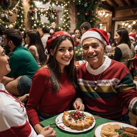 Men and women mingle in a lively Christmas gathering, enchendo o ambiente com risos e conversas. Amidst the festive decoration, todos compartilham momentos de camaradagem, creating a vibrant atmosphere of celebration across generations and genders.