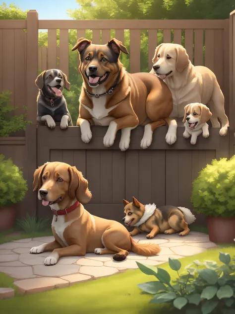 a brown dog with a playful happy family in a nice back yard with a fence