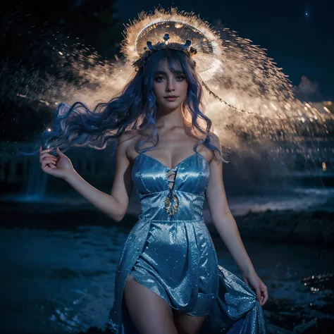 A celestial maiden, her stardust hair framing eyes that mirror the night skys mysteries, donning a shimmering moonlight dress that cascades like a celestial waterfall, radiating an enchanting aura wherever she wanders.