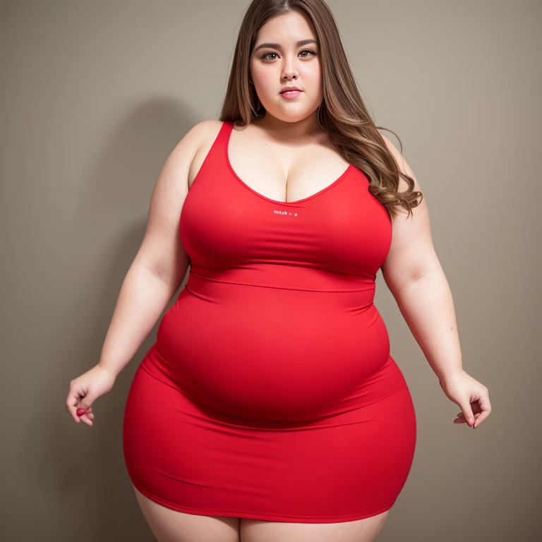 Fat woman with long brown hair and blonde highlights, fat belly with lovehandles, thick arms, thick thighs, double chin, skintight red dress, confident sexy pose