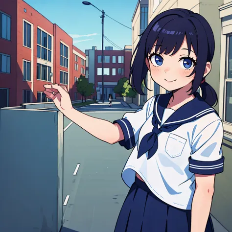 Only one girl, 1girl, wearing a sailor uniform, at school building, pony tail hairstyle, looking towards the viewer, smile