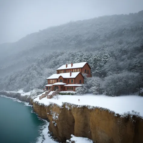 a mansion on top of a cliff with a beach below it but it’s snowing