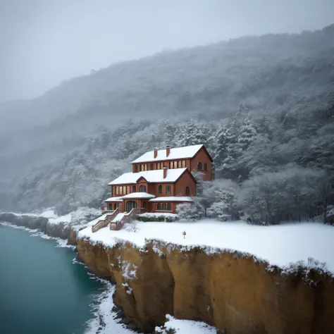 a mansion on top of a cliff with a beach below it but it’s snowing