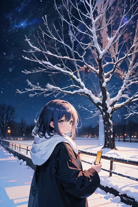 Girl looking at the tree, anime, illustration, masterpiece, highest quality, absurd, high resolution, 8K, (detailed background), air., landscape, (winter: 1.3), (night sky: 1.5), Christmas tree, wide shot, plateau,