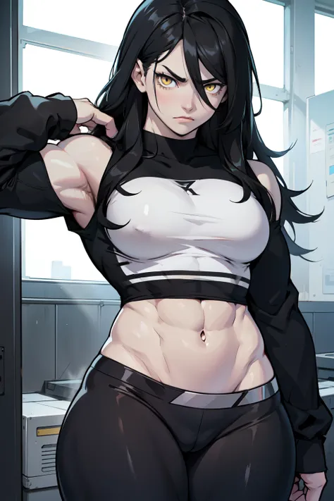 girl 1girl pale skin black hair yellow eyes really long hair black leggings tight long sleeve black t-shirt frown muscular muscular muscular muscular muscular thick thighs thick thighs