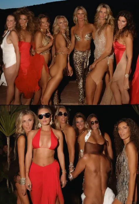 A photo of Zane surrounded by a group of young women, all dressed in provocative outfits, at a private villa party in Ibiza.,original,a flamboyant and notorious DJ, is known for his ostentatious style, often sporting flashy designer outfits, oversized sung...