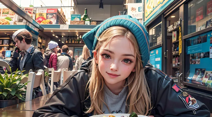 1 girl, woman sitting at a table with a plate of food in front of her, taken on a 2010s camera, slightly sunny, portrait sabrina lloyd, amanda lilleston, chilled out smirk on face, profile image, looking towards the camera, looking to the side off camera, ...