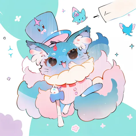 There is a cartoon cat holding a cat in a hat, Made with marshmallows, Dream girl color, Cat Seahorse Fursona, cat wearing top hat, smol furry cat wearing smol hat, cat witch, Kawaii cat, anthropomorphic cat, Soft fur, Super Math Magic Cat, He is wearing a...