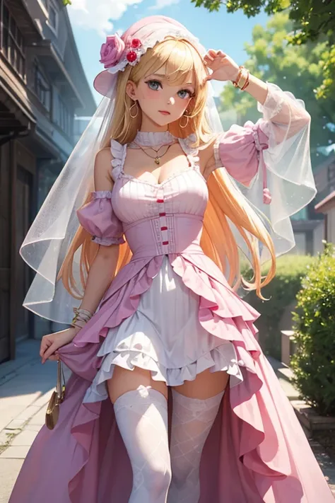 a girl of high stature and a thin build, with very light skin and blonde hair. She wears a long pink dress with lavender details, in a style typical of the 18th century. Also, she wears a pair of earrings and a pink hat, as well as a long, veil that reache...