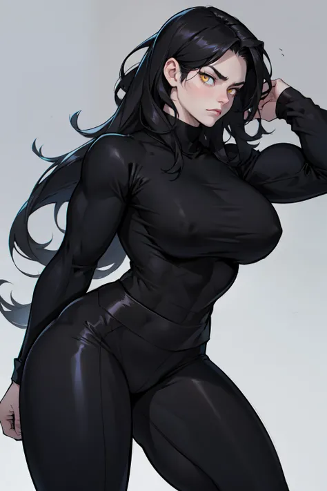 girl 1girl pale skin black hair yellow eyes very long hair black leggings tight long sleeve black t-shirt frown muscular muscular muscular muscular muscular thick thighs thick thighs huge breasts black leggings tight long sleeve black t-shirt black legging...