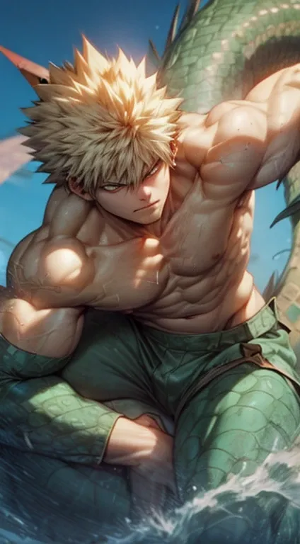 1 boy Bakugou Katsuki as Masterpiece, best quality, {best quality}, {{masterpiece}}, {highres}, anime, 1boy, adult man, attractive, exotic, Quetzalcoatl, Kukulkan, Serpent God, dragon, serpent, flying feathers, plumage, Aztec, gold, gold, thunder, thunder