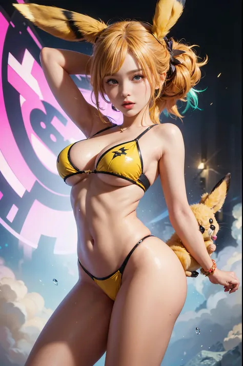 generate a female pikachu with sexy body, big breast, lightning background, thunder background, pika pika, full body picture, pretty makeup, ((low angle camera)), ((looking to the side)), hyperdetail, masterpiece, best quality:1.2),(8k,highres,RAW photo,re...