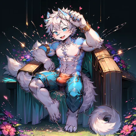 Libido boy，tight swimming trunks，white short socks，massive bulge，Eyes are bright, in a panoramic view，Character focus，Full body like , ((the only person))， Correct human anatomy，((male people))，Furry male wolf，a pair of big wolf ears，Handsome， blue eyes，wh...