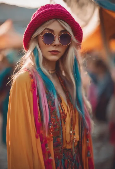 A photo of the character attending a vintage flea market in a colorful, flowy, bohemian outfit,original,Anime merch, beanie, glasses, long hair with neon streaks, no makeup, female