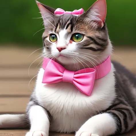 draw a cute cat with a pink puffy bow as the collar