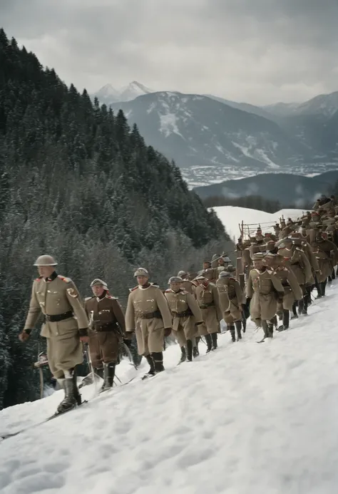 Major Lerch of the Austrian Army teaches monoskiing to 11 Japanese soldiers.、Major Lerch taught skiing techniques to 11 Japanese Army members.。Monoski with only one ski、In the snowy mountains of Niigata Prefecture、1911 photo、phot、photoreaslistic、Color、colo...