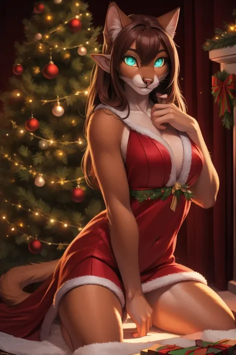 "(best quality,ultra-detailed),(realistic,photorealistic:1.37),female furry cat,christmas outfit,beautiful detailed eyes,beautiful detailed lips,furry,feline,very seductive,fur with fine details,soft,fluffy,sensual expression,playful pose,vivid colors,spar...