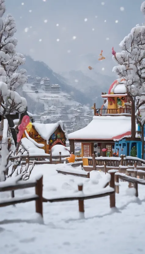 Snow scene of a village with fence and wooden fence, Chinese village, colorful wall, snow, snow, covered with snow, during snowfall, snowy winter, winter environment, (snow), snow snow, shooting, beautiful snow scene, beautiful winter area, snow scene, win...