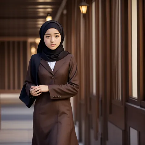 17 year old, Saori Minami, ( Ran Mouri 1.3),wearing dark brown suit , wearing hijab scarf,  dress cover up, polite girl, cinematic scene, masterpiece, 4k hd, 8k hd