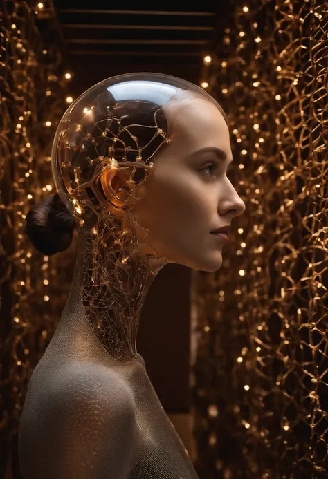 A photo of Ava visiting an interactive museum exhibit, examining a realistic human brain model.,Ex Machina,Ava, the AI character from “Ex Machina,” possesses a striking appearance that blends human and robotic elements: a delicate, humanoid face with expre...