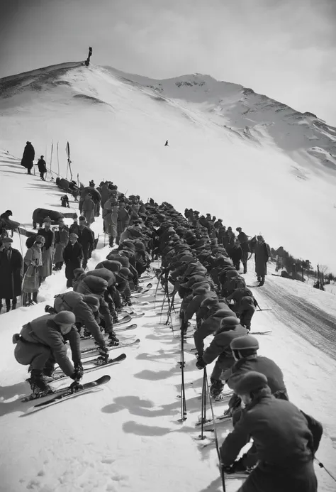 Austrian Army Major Theodor Edler von Lerch teaches 11 Japanese soldiers how to use a single-board monoski.、Major Lerch taught skiing techniques to 11 members of the Japanese Army., (((Monoski with only one ski)))、In the snowy mountains of Niigata Prefectu...