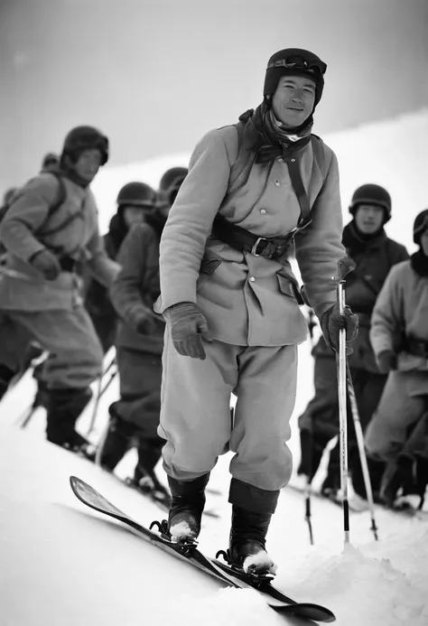 Major Theodor Edler von Lerch of the Austrian Army joins 11 Japanese soldiers(((single board monoski)))teach how to use.、Major Lerch taught skiing techniques to 11 members of the Japanese Army.., (((Monoski with only one ski)))、In the snowy mountains of Ni...