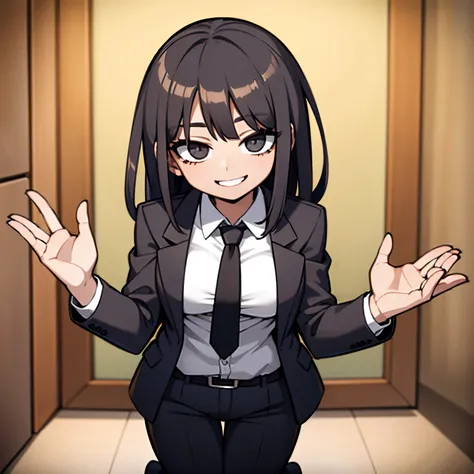 1 young woman, black hair, dark black suit, white shirt, complet suit, makima, full body, smiling in a office, 4k, masterpiece