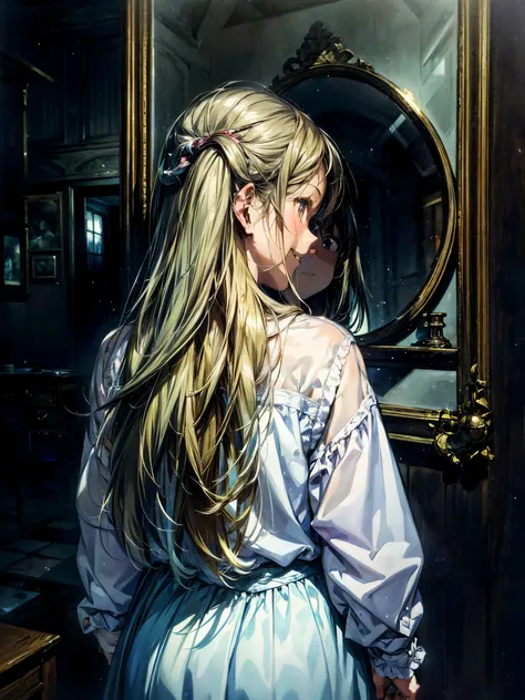 （Back view of a girl in front of a broken mirror with a large crack:1.5), (eye contact with a girl through the mirror:1.5), unpleasant smile, creepy anime image, endless nightmare, painting by Andrew Wyeth, painting by Vilhelm Hammershøi.