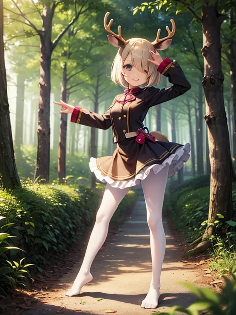 HDR, Excellent quality, 1. A  girl, (standingn:1.4) sideways, leg bent at the knees, (pantyhouse:1.3), (no shoes):1.2, One arm raised up, petite curvy loli,one eye covered, deer ears, Deer tail, short tail, One Tail, with a beautiful face, ssmile, woods